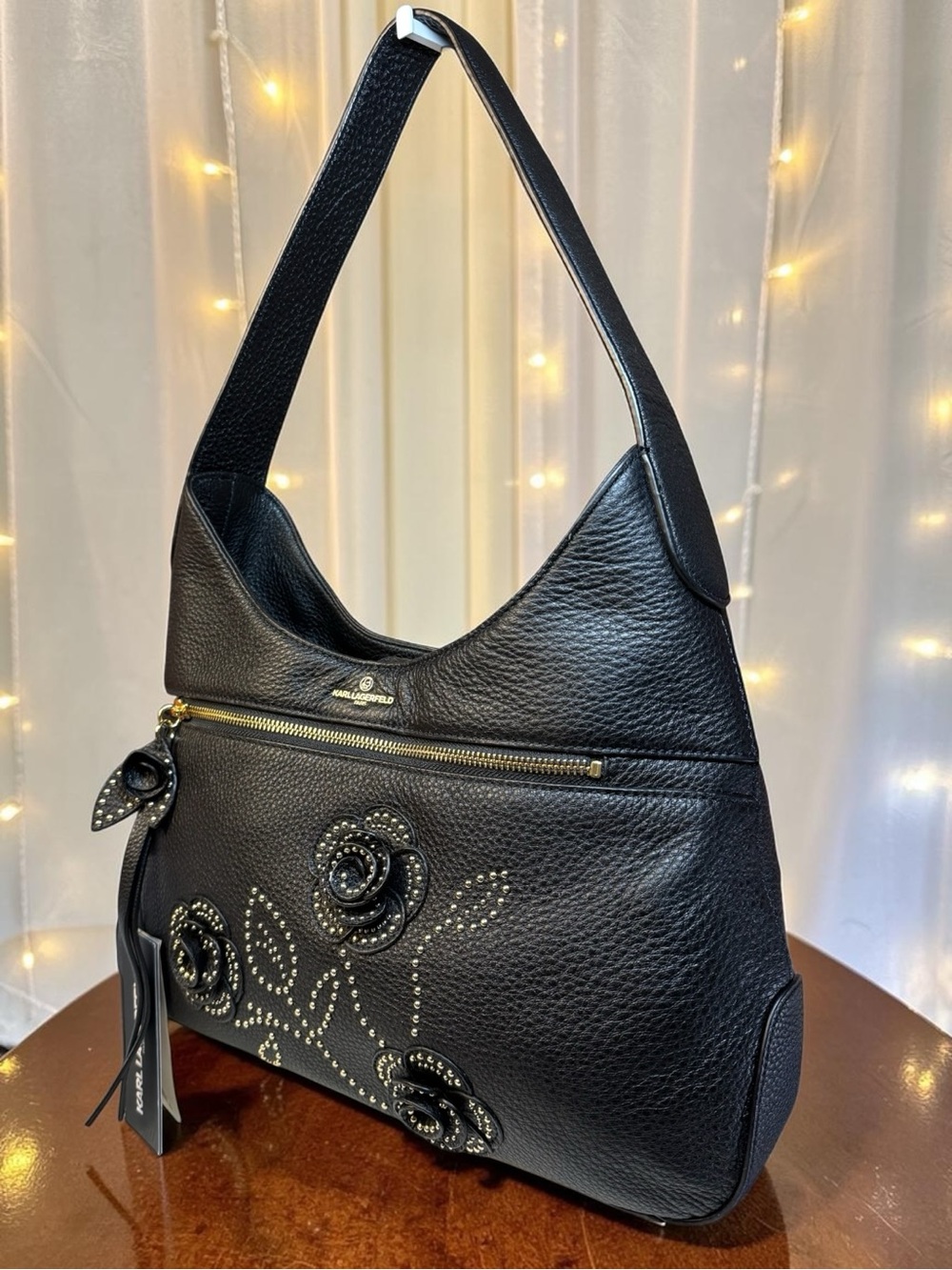Karl Lagerfeld Paris Studded Floral Leather Shoulder Bag NWT Black - So Soft! - Picture 3 of 12
